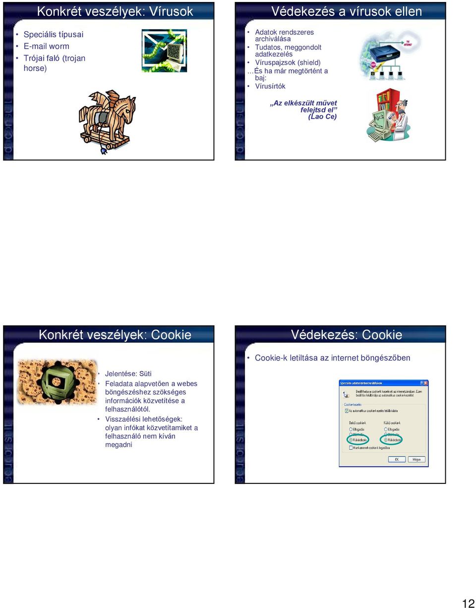 Konkrét veszélyek: Cookie Védekezés: Cookie Cookie-k letiltása az internet böngészõben Jelentése: Süti Feladata alapvetõen a webes