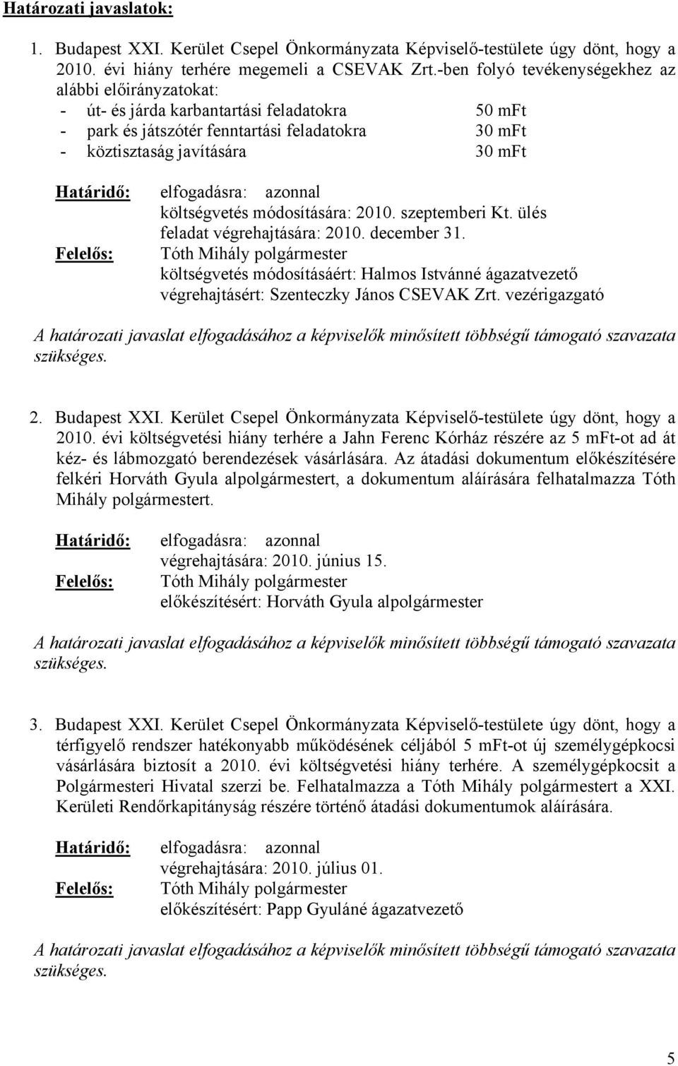 módosítására: 2010. szeptemberi Kt. ülés feladat végrehajtására: 2010. december 31. költségvetés módosításáért: Halmos Istvánné ágazatvezető végrehajtásért: Szenteczky János CSEVAK Zrt.