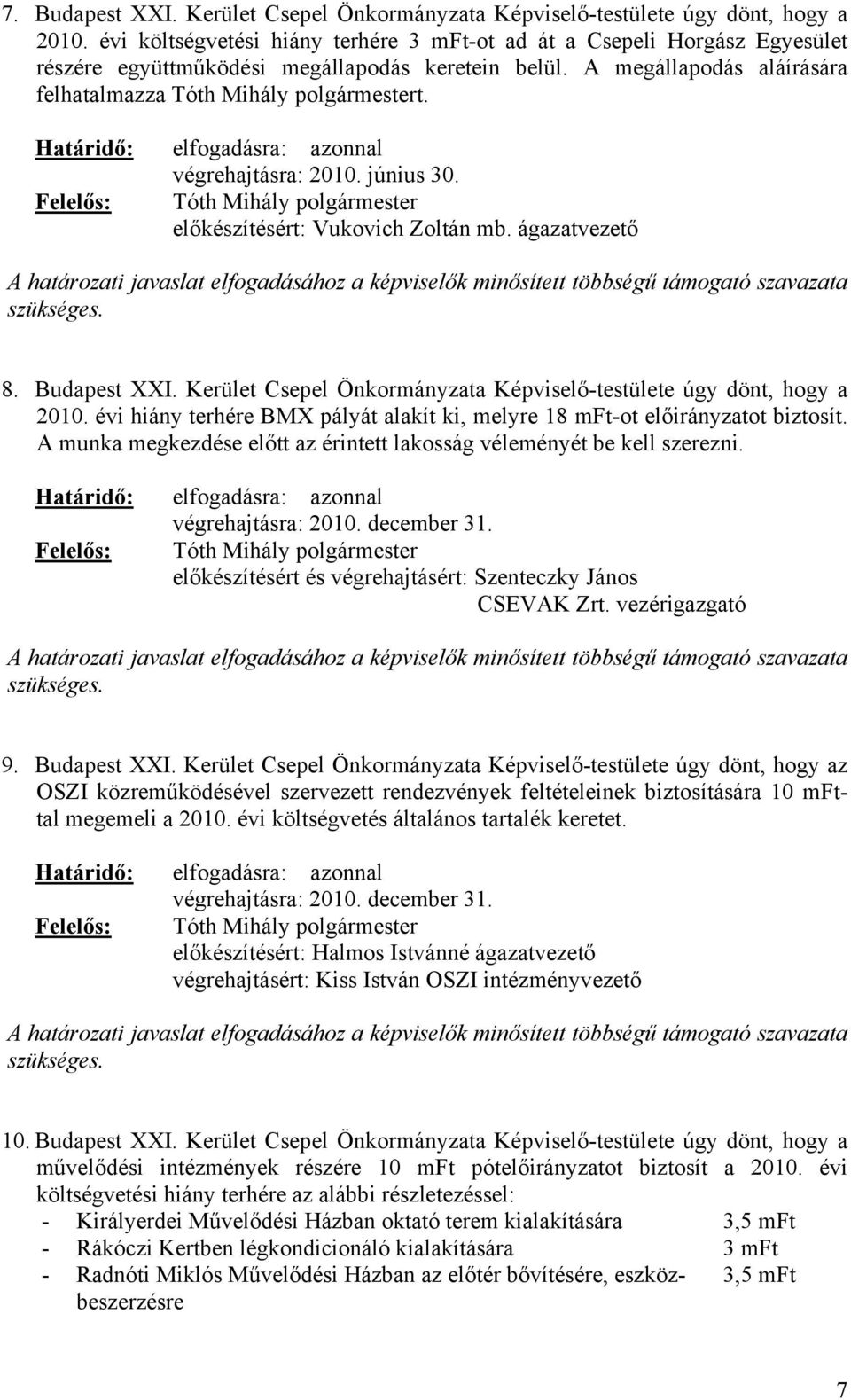 végrehajtásra: 2010. június 30. előkészítésért: Vukovich Zoltán mb. ágazatvezető 8. Budapest XXI. Kerület Csepel Önkormányzata Képviselő-testülete úgy dönt, hogy a 2010.