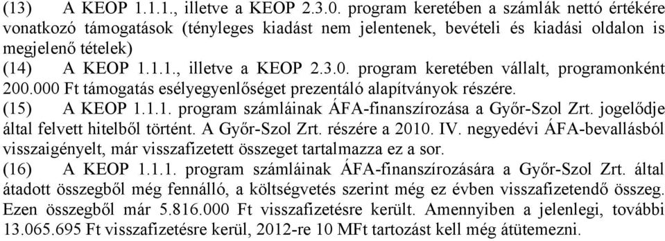 program keretében vállalt, programonként 200.000 Ft támogatás esélyegyenlőséget prezentáló alapítványok részére. (15) A KEOP 1.1.1. program számláinak ÁFA-finanszírozása a Győr-Szol Zrt.