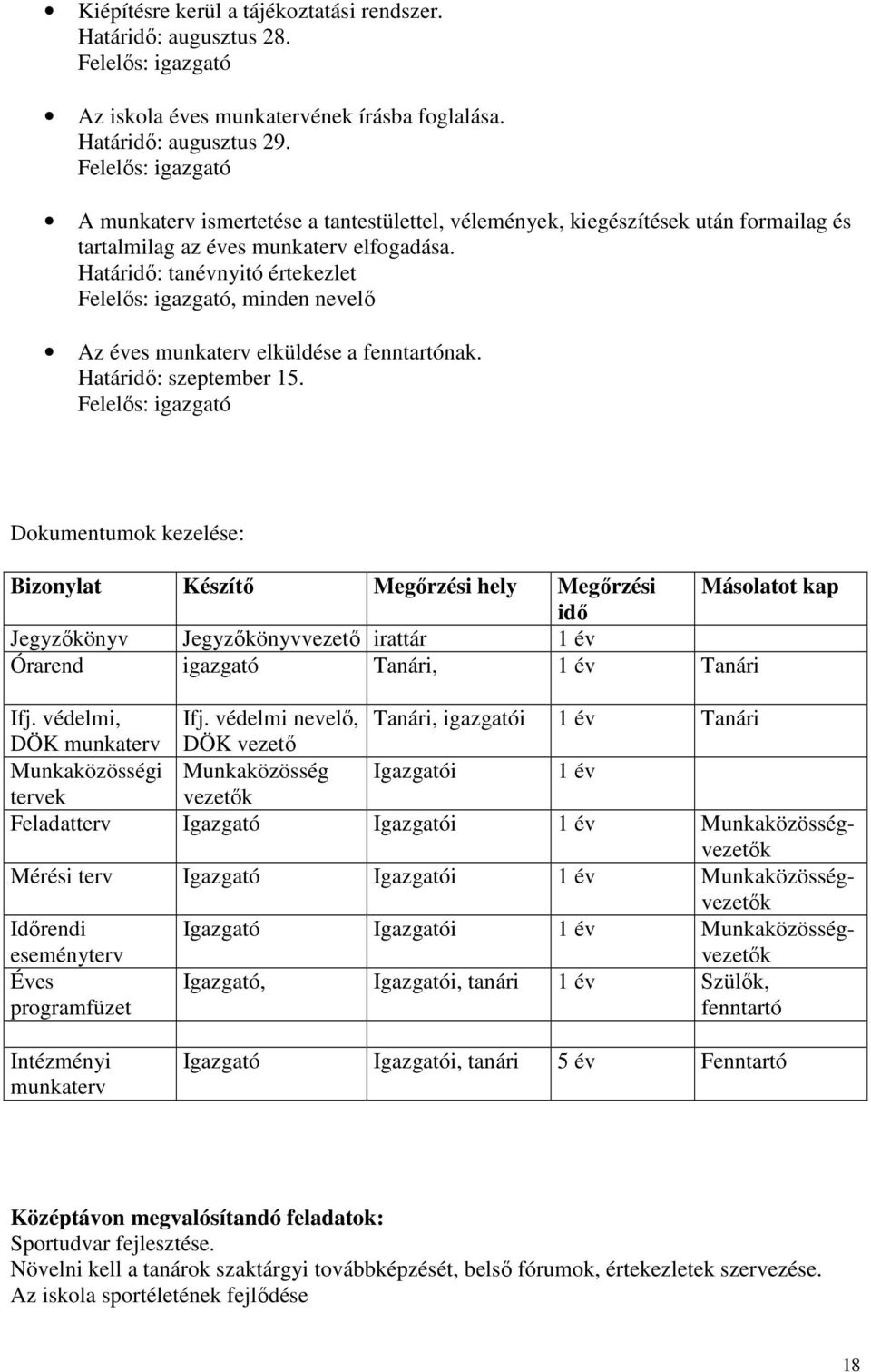 Határidı: tanévnyitó értekezlet Felelıs: igazgató, minden nevelı Az éves munkaterv elküldése a fenntartónak. Határidı: szeptember 15.