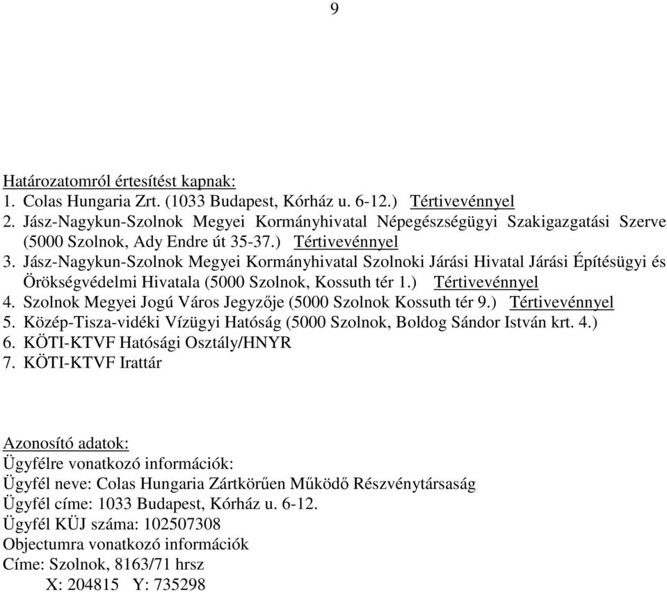 Jász-Nagykun-Szolnok Megyei Kormányhivatal Szolnoki Járási Hivatal Járási Építésügyi és Örökségvédelmi Hivatala (5000 Szolnok, Kossuth tér 1.) Tértivevénnyel 4.