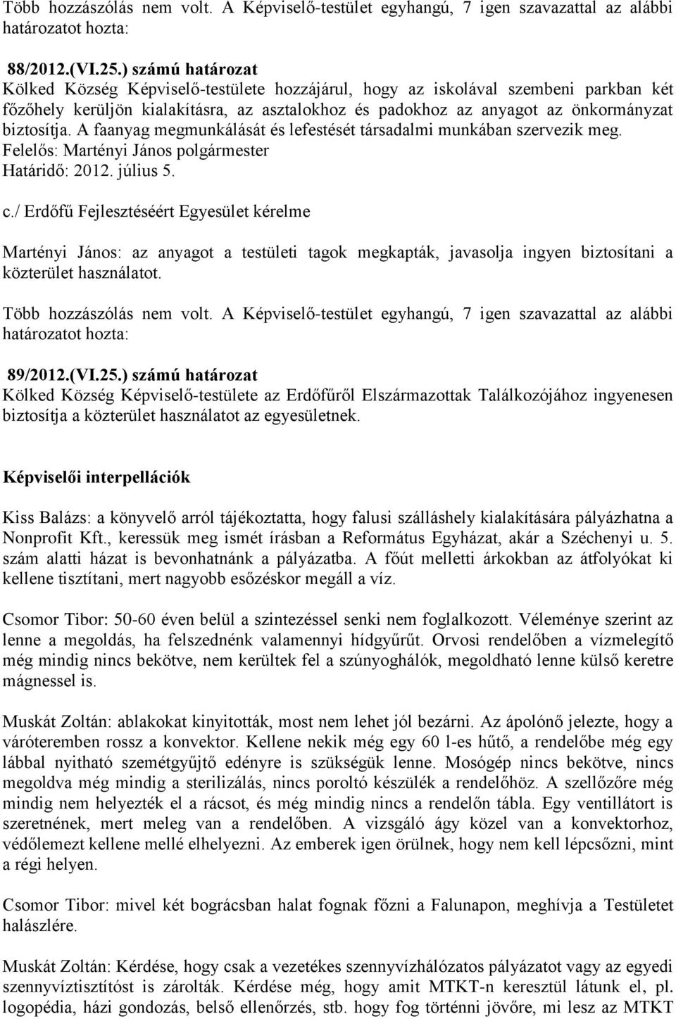 A faanyag megmunkálását és lefestését társadalmi munkában szervezik meg. Felelős: Martényi János polgármester Határidő: 2012. július 5. c.