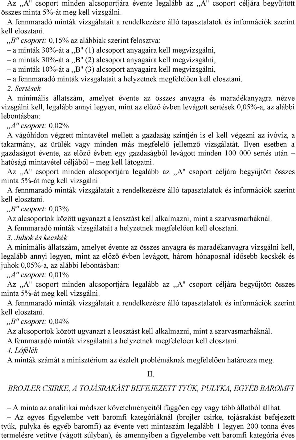 ,,b'' csoport: 0,15% az alábbiak szerint felosztva: a minták 30%-át a,,b'' (1) alcsoport anyagaira kell megvizsgálni, a minták 30%-át a,,b'' (2) alcsoport anyagaira kell megvizsgálni, a minták 10%-át