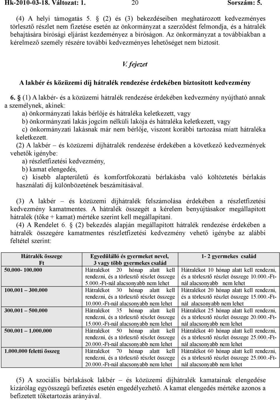 Az önkormányzat a továbbiakban a kérelmező személy részére további kedvezményes lehetőséget nem biztosít. V. fejezet A lakbér és közüzemi díj hátralék rendezése érdekében biztosított kedvezmény 6.