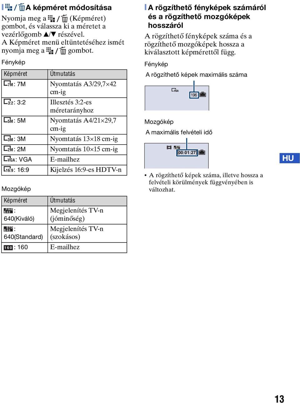 VGA E-mailhez 16:9: 16:9 Kijelzés 16:9-es HDTV-n Mozgókép Képméret Útmutatás FINE 6 40 : 640(Kiváló) STD 6 40 : 640(Standard) 160 : 160 E-mailhez Megjelenítés TV-n (jóminőség) Megjelenítés TV-n