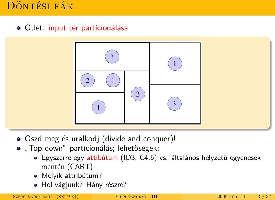 Top-down partícionálás; lehetőségek: Egyszerre egy attibútum (ID3, C4.5) vs.