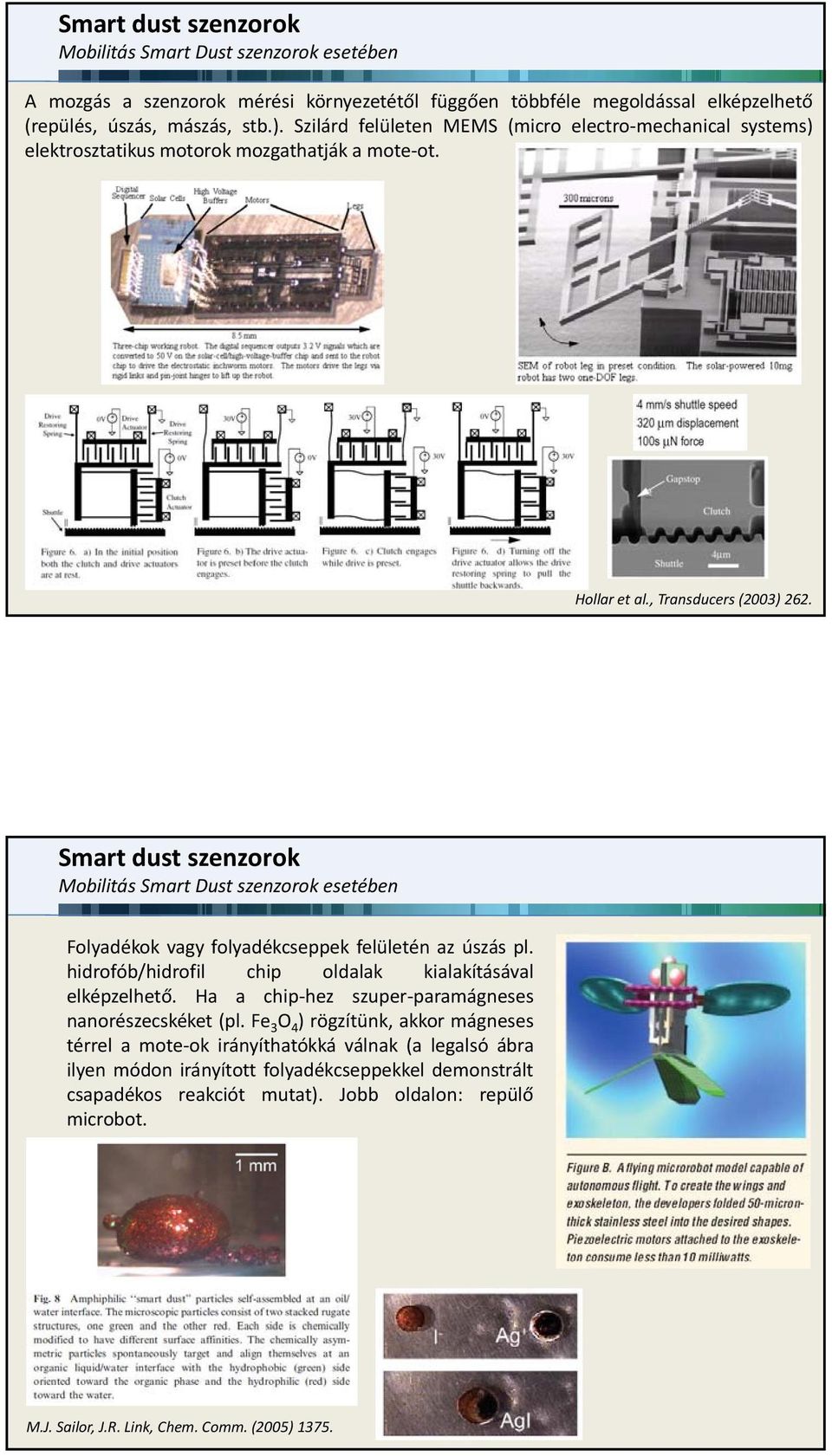 Smart dust szenzorok Mobilitás Smart Dust szenzorok esetében Folyadékok vagy folyadékcseppek felületén az úszás pl. hidrofób/hidrofil chip oldalak kialakításával elképzelhető.