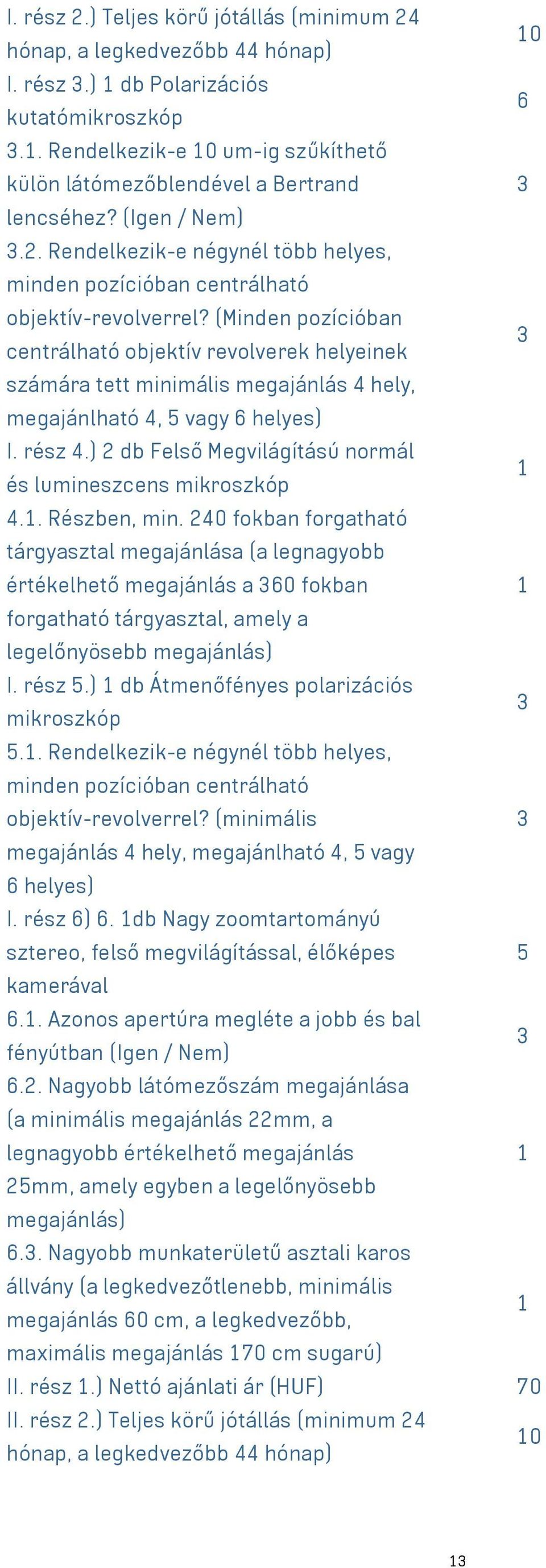 (Minden pozícióban 3 centrálható objektív revolverek helyeinek számára tett minimális megajánlás 4 hely, megajánlható 4, 5 vagy 6 helyes) I. rész 4.