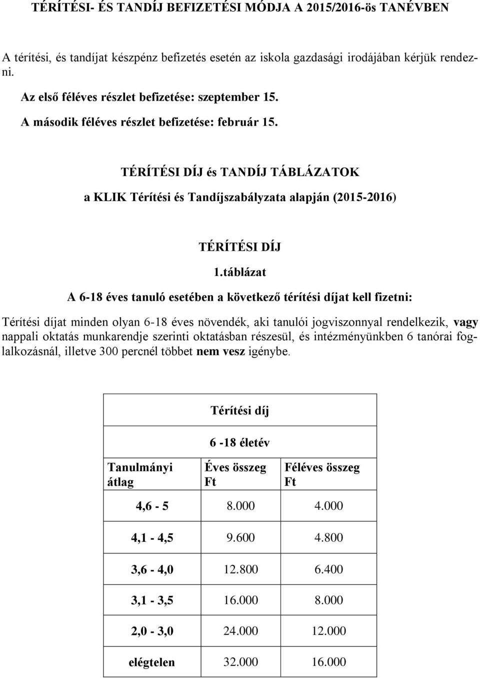 TÉRÍTÉSI DÍJ és TANDÍJ TÁBLÁZATOK a KLIK Térítési és Tandíjszabályzata alapján (2015-2016) TÉRÍTÉSI DÍJ 1.