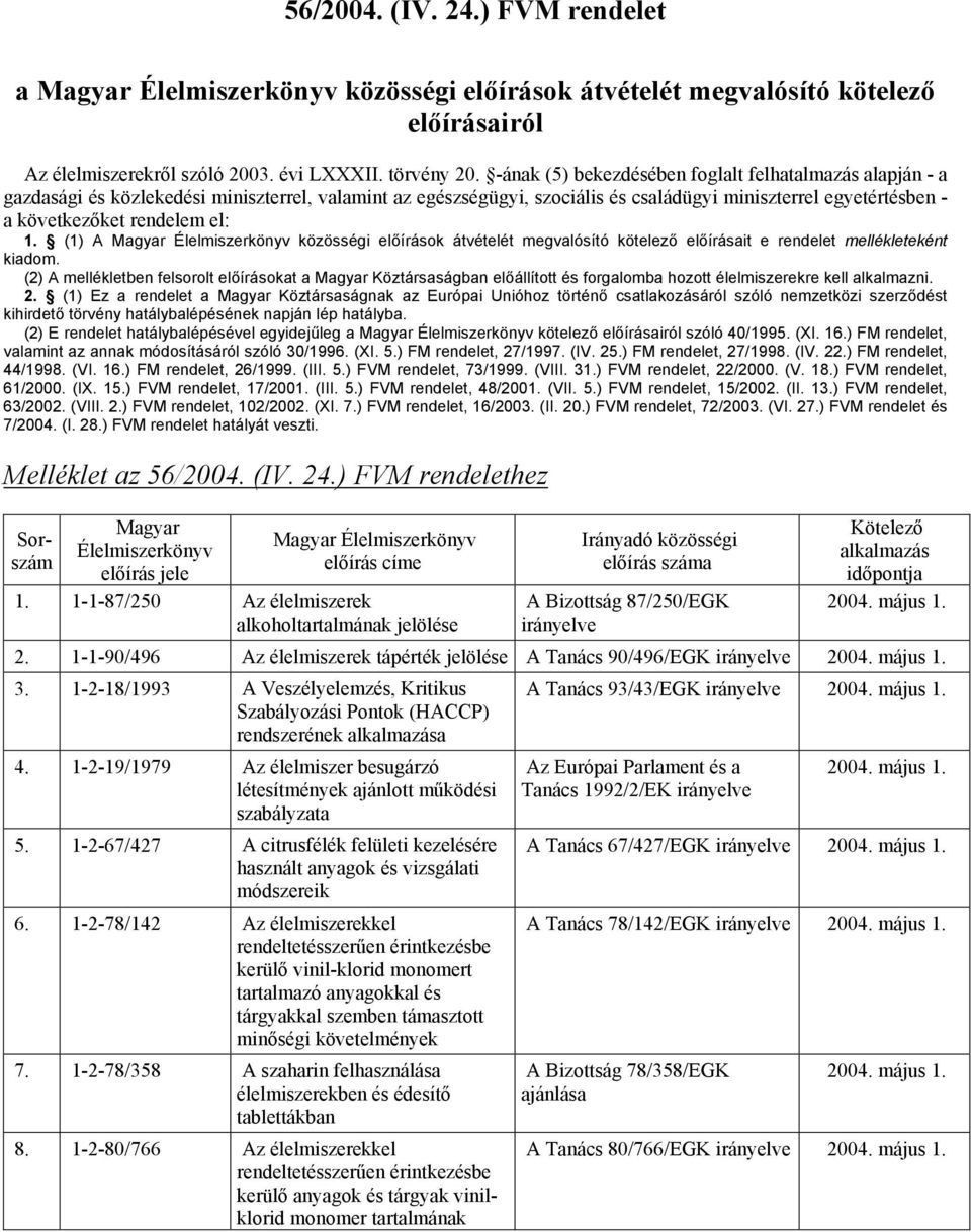 el: 1. (1) A Magyar Élelmiszerkönyv közösségi előírások átvételét megvalósító kötelező előírásait e rendelet mellékleteként kiadom.