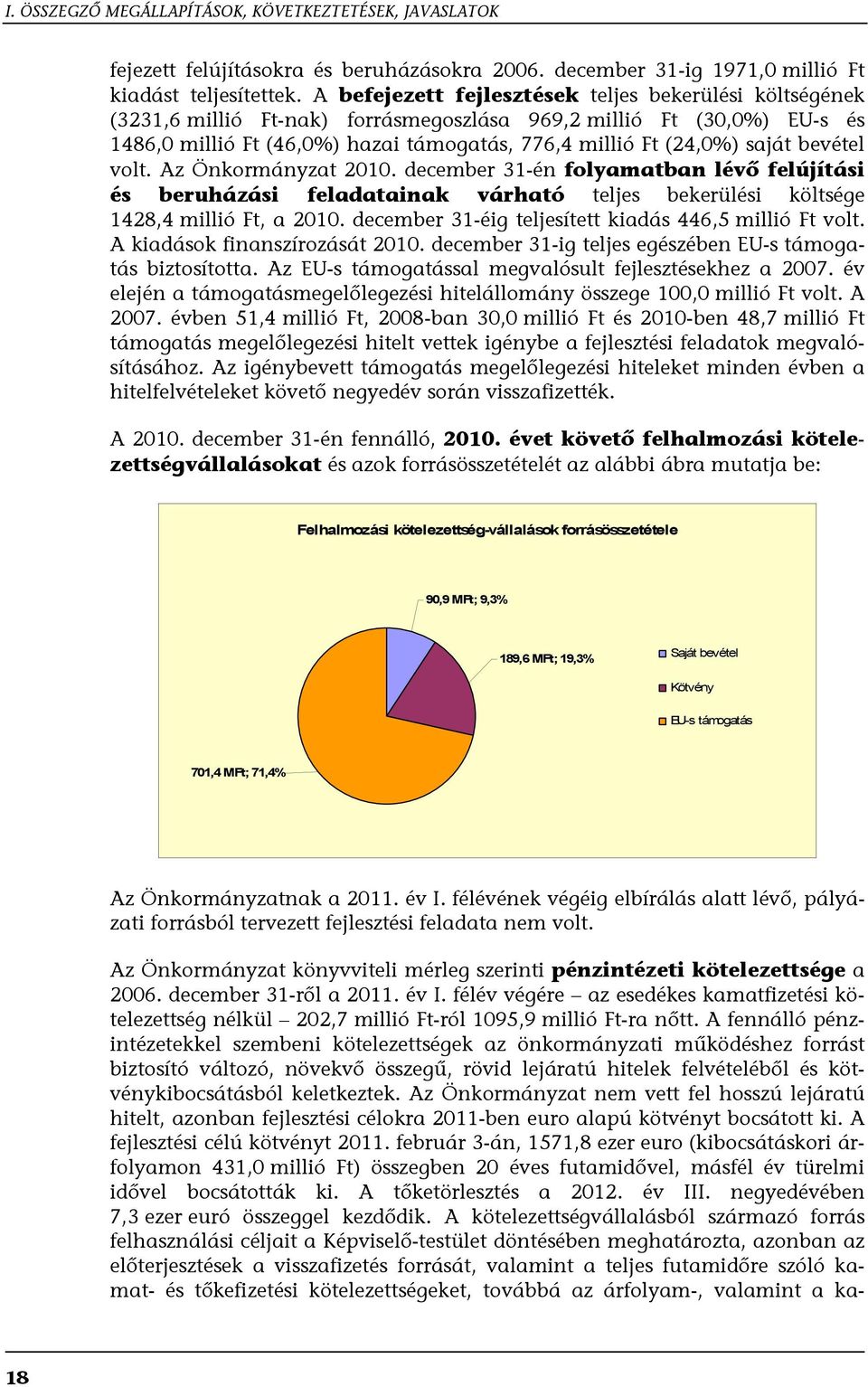 bevétel volt. Az Önkormányzat 2010. december 31-én folyamatban lévő felújítási és beruházási feladatainak várható teljes bekerülési költsége 1428,4 millió Ft, a 2010.