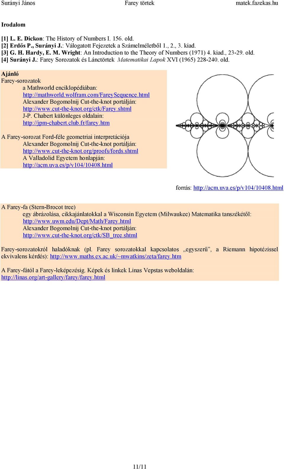 wolfram.com/fareysequence.tml Alexander Bogomolnij Cut-te-not portálján: ttp://www.cut-te-not.org/ct/farey.stml J-P. Cabert ülönleges oldalain: ttp://jpm-cabert.club.fr/farey.