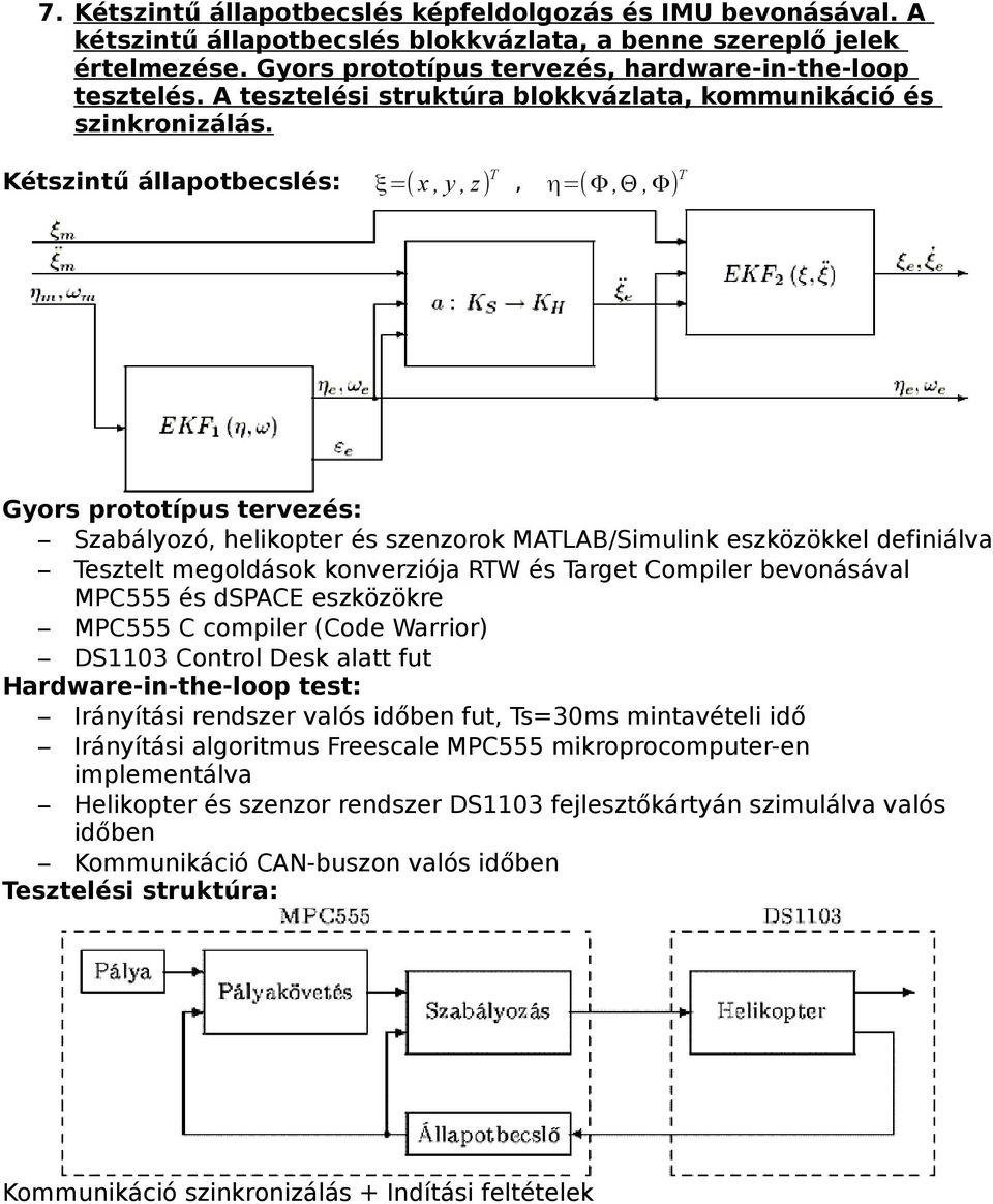 Kétszntű állapotbecslés: ξ=( x, y, z) T, η=(φ,θ,φ) T Gyors prototípus tervezés: Szabályozó, helkopter és szenzorok MATLAB/Smulnk eszközökkel defnálva Tesztelt megoldások konverzója RTW és Target