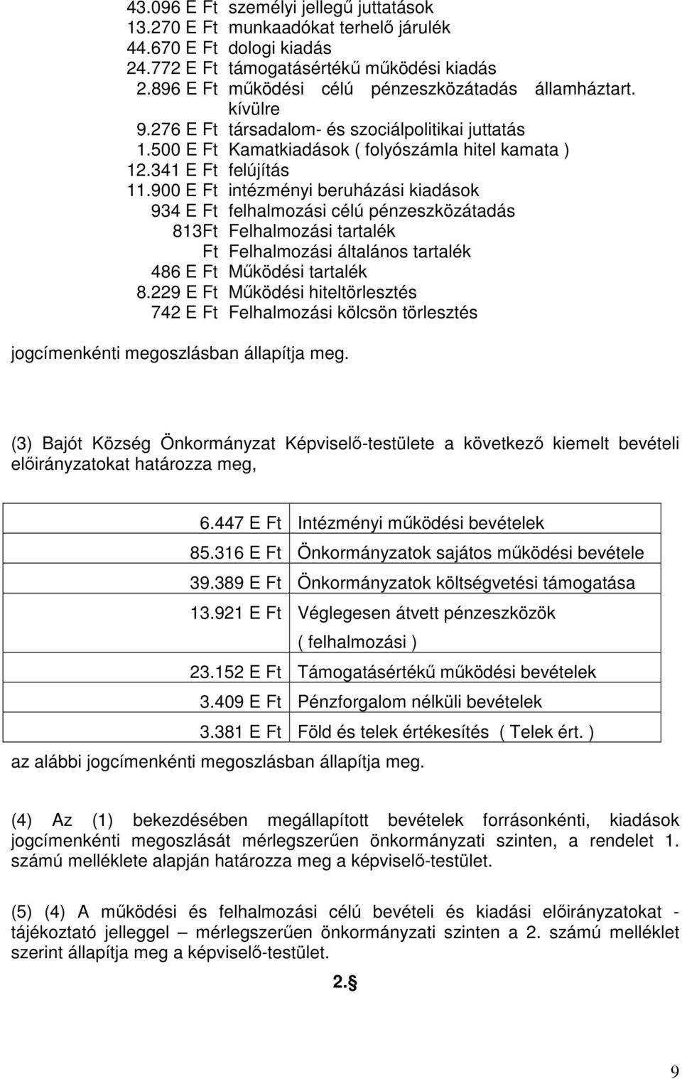 900 E Ft intézményi beruházási kiadások 934 E Ft felhalmozási célú pénzeszközátadás 813Ft Felhalmozási tartalék Ft Felhalmozási általános tartalék 486 E Ft Működési tartalék 8.