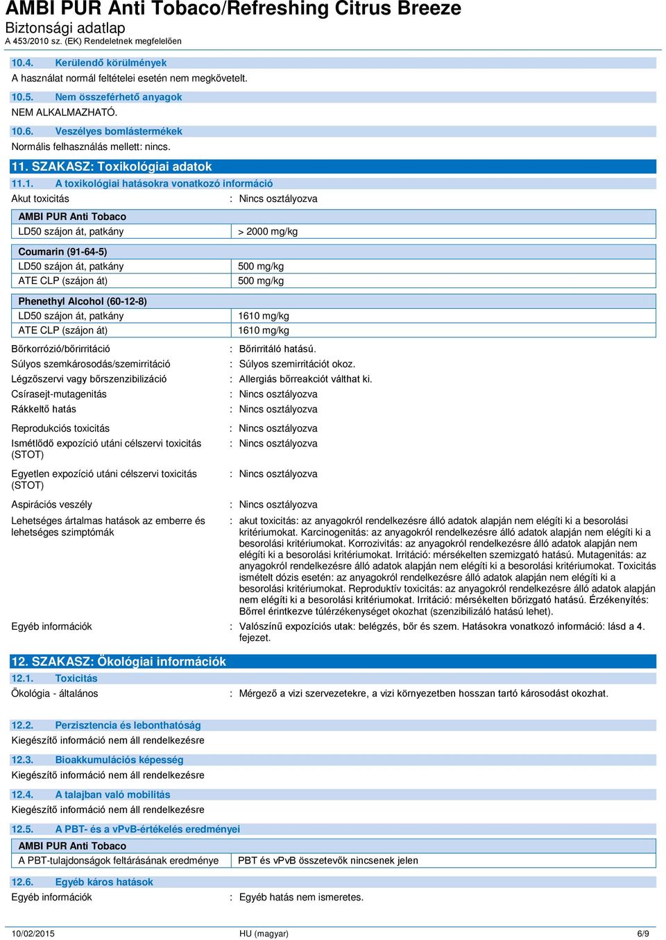 (szájon át) Phenethyl Alcohol (60-12-8) LD50 szájon át, patkány ATE CLP (szájon át) Bőrkorrózió/bőrirritáció Súlyos szemkárosodás/szemirritáció Légzőszervi vagy bőrszenzibilizáció