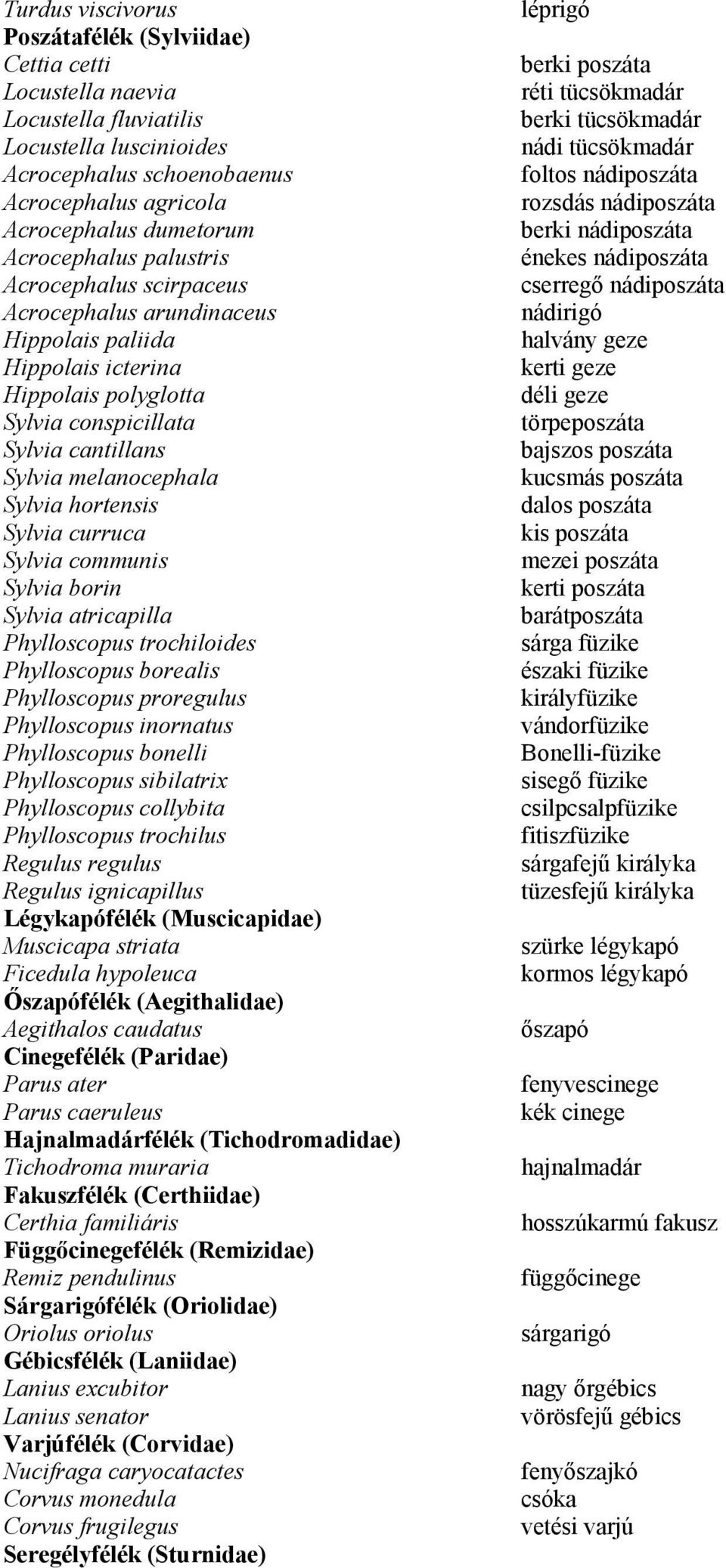 cserregő nádiposzáta Acrocephalus arundinaceus nádirigó Hippolais paliida halvány geze Hippolais icterina kerti geze Hippolais polyglotta déli geze Sylvia conspicillata törpeposzáta Sylvia cantillans