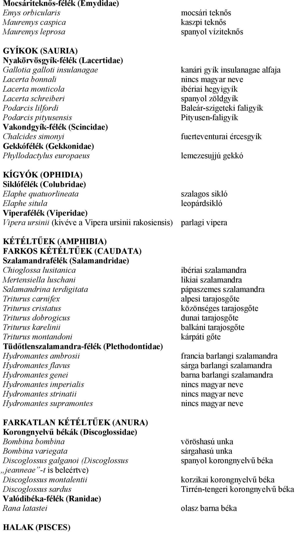 Podarcis pityusensis Pityusen-faligyík Vakondgyík-félék (Scincidae) Chalcides simonyi fuerteventurai ércesgyík Gekkófélék (Gekkonidae) Phyllodactylus europaeus lemezesujjú gekkó KÍGYÓK (OPHIDIA)