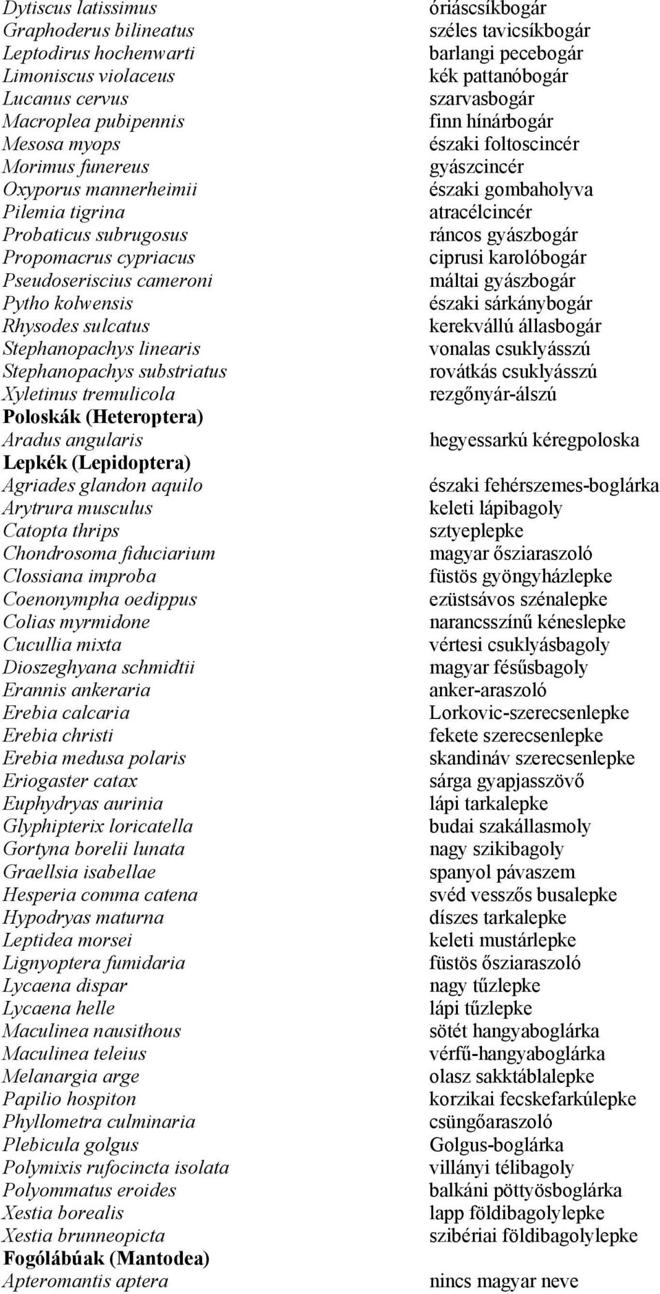 Propomacrus cypriacus ciprusi karolóbogár Pseudoseriscius cameroni máltai gyászbogár Pytho kolwensis északi sárkánybogár Rhysodes sulcatus kerekvállú állasbogár Stephanopachys linearis vonalas