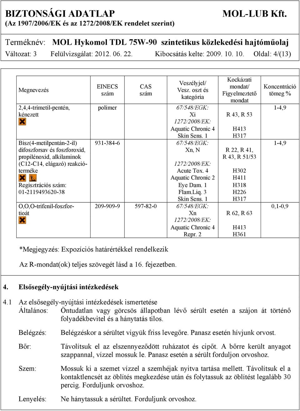 1 H317 Bisz(4-metilpentán-2-il) 931-384-6 67/548/EGK: 1-4,9 difoszforsav és foszforoxid, Xn, N R 22, R 41, propilénoxid, alkilaminok R 43, R 51/53 (C12-C14, elágazó) reakció- 1272/2008/EK: terméke