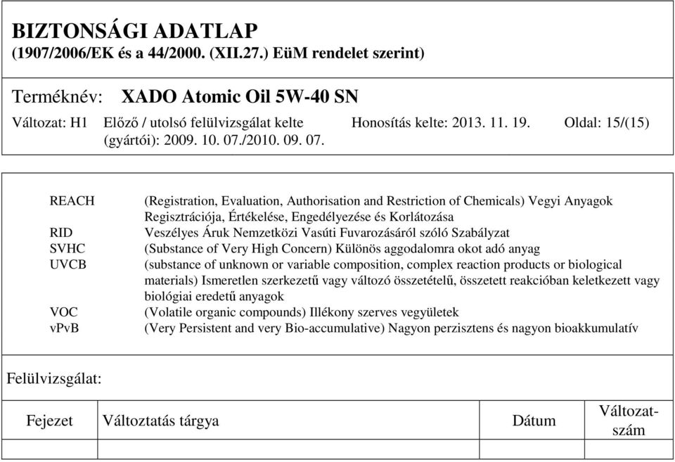 Veszélyes Áruk Nemzetközi Vasúti Fuvarozásáról szóló Szabályzat (Substance of Very High Concern) Különös aggodalomra okot adó anyag (substance of unknown or variable composition, complex