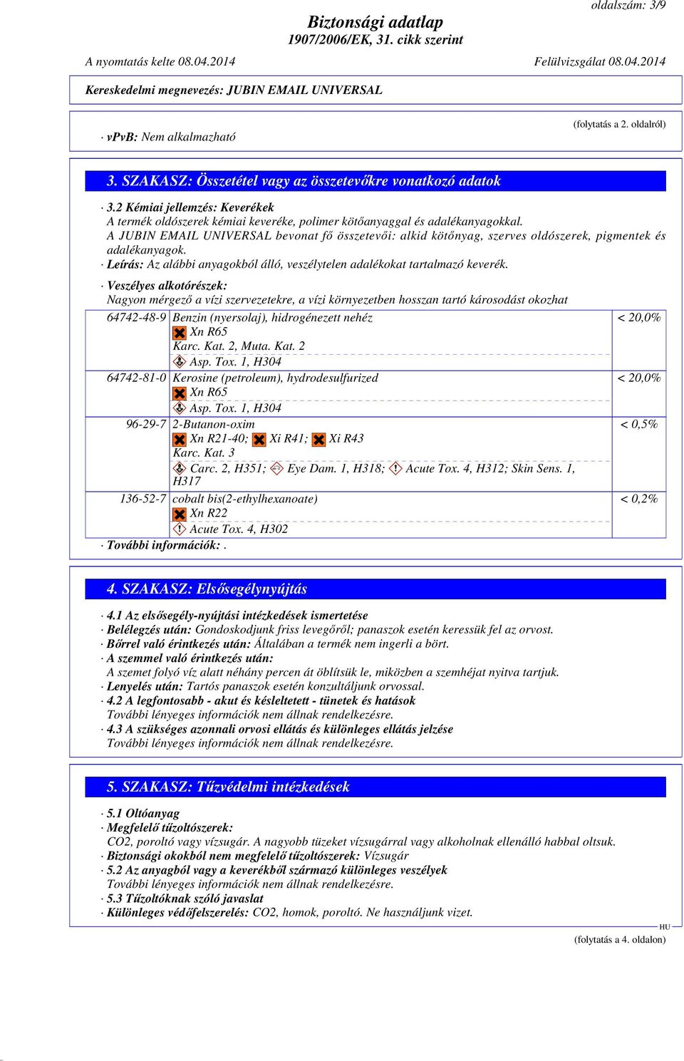 A JUBIN EMAIL UNIVERSAL bevonat fő összetevői: alkid kötőnyag, szerves oldószerek, pigmentek és adalékanyagok. Leírás: Az alábbi anyagokból álló, veszélytelen adalékokat tartalmazó keverék.