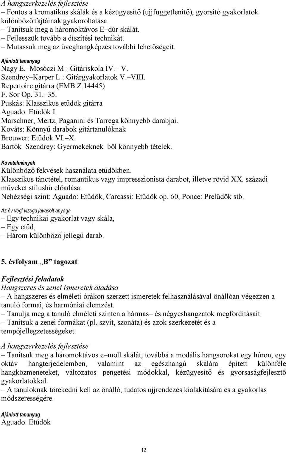 Repertoire gitárra (EMB Z.14445) F. Sor Op. 31. 35. Puskás: Klasszikus etűdök gitárra Aguado: Etűdök I. Marschner, Mertz, Paganini és Tarrega könnyebb darabjai.