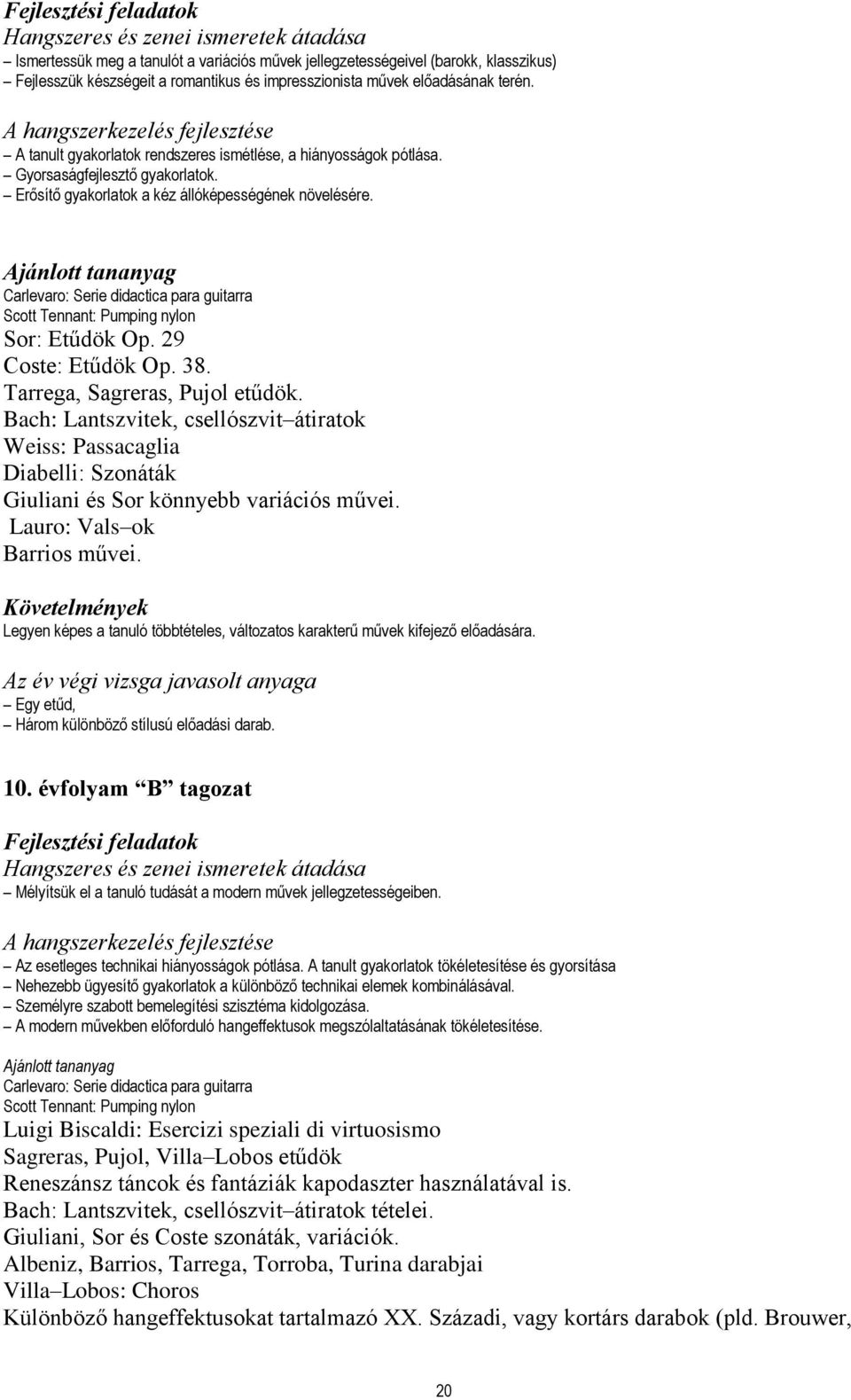 Ajánlott tananyag Carlevaro: Serie didactica para guitarra Scott Tennant: Pumping nylon Sor: Etűdök Op. 29 Coste: Etűdök Op. 38. Tarrega, Sagreras, Pujol etűdök.