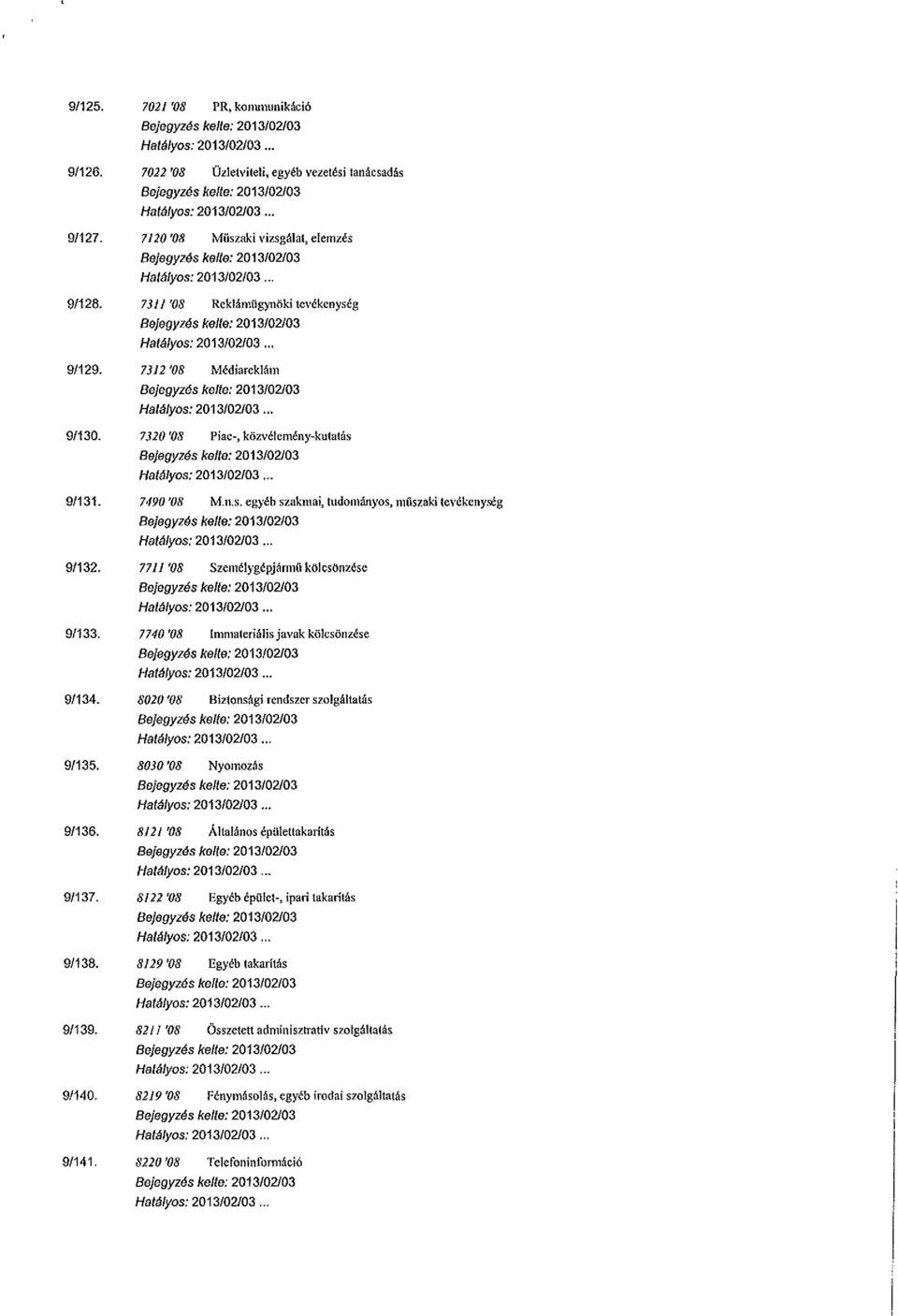 7740 '08 Immateriális javak kölcsönzése 9/134. S020 '08 Biztonsági rendszer szolgáltatás 9/135. 8030'OS Nyomozás 9/136. 8121 '08 Általános épülettakarítás 9/137.