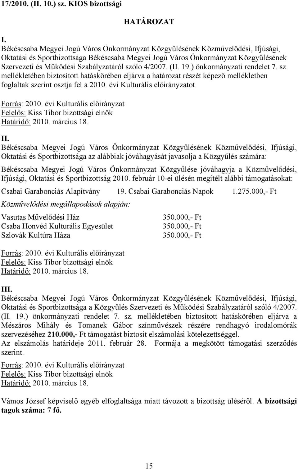 évi Kulturális előirányzat Felelős: Kiss Tibor bizottsági elnök Határidő: 2010. március 18. II.