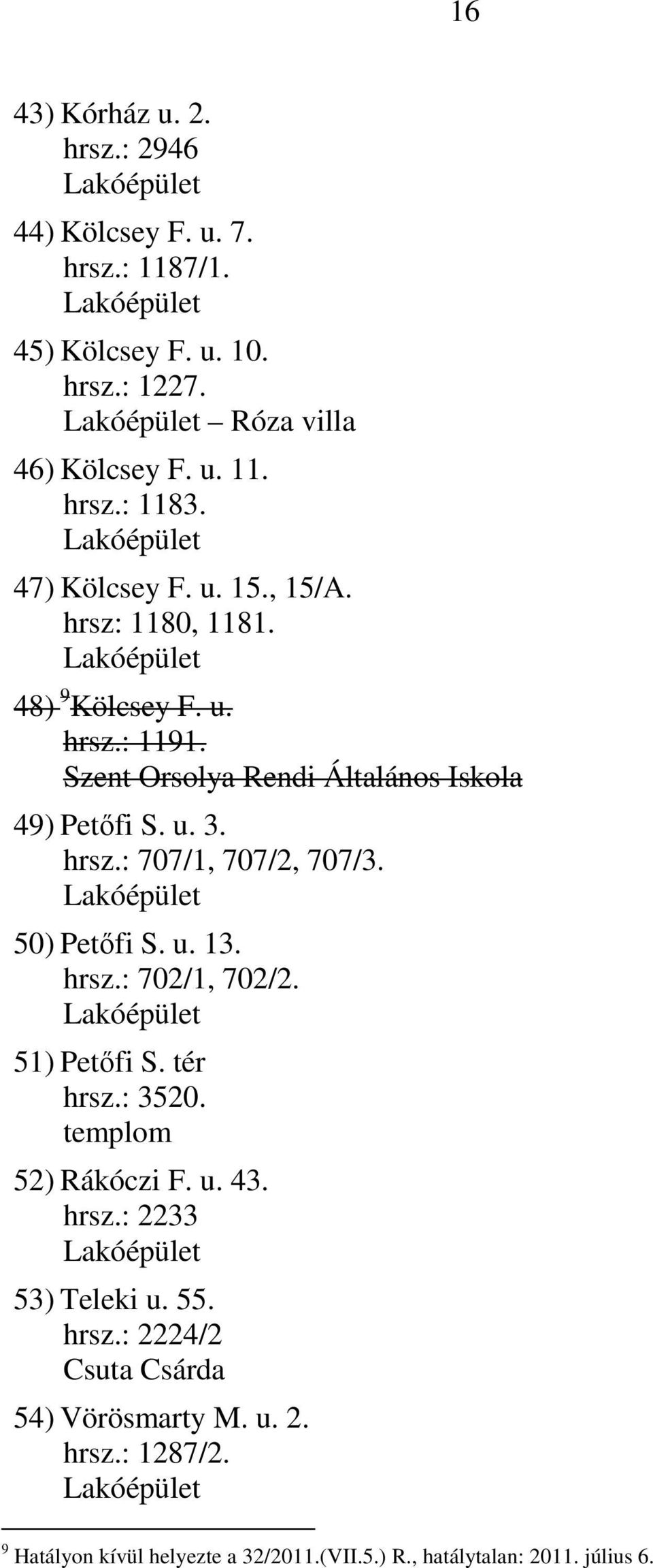 50) Petőfi S. u. 13. hrsz.: 702/1, 702/2. 51) Petőfi S. tér hrsz.: 3520. templom 52) Rákóczi F. u. 43. hrsz.: 2233 53) Teleki u. 55. hrsz.: 2224/2 Csuta Csárda 54) Vörösmarty M.