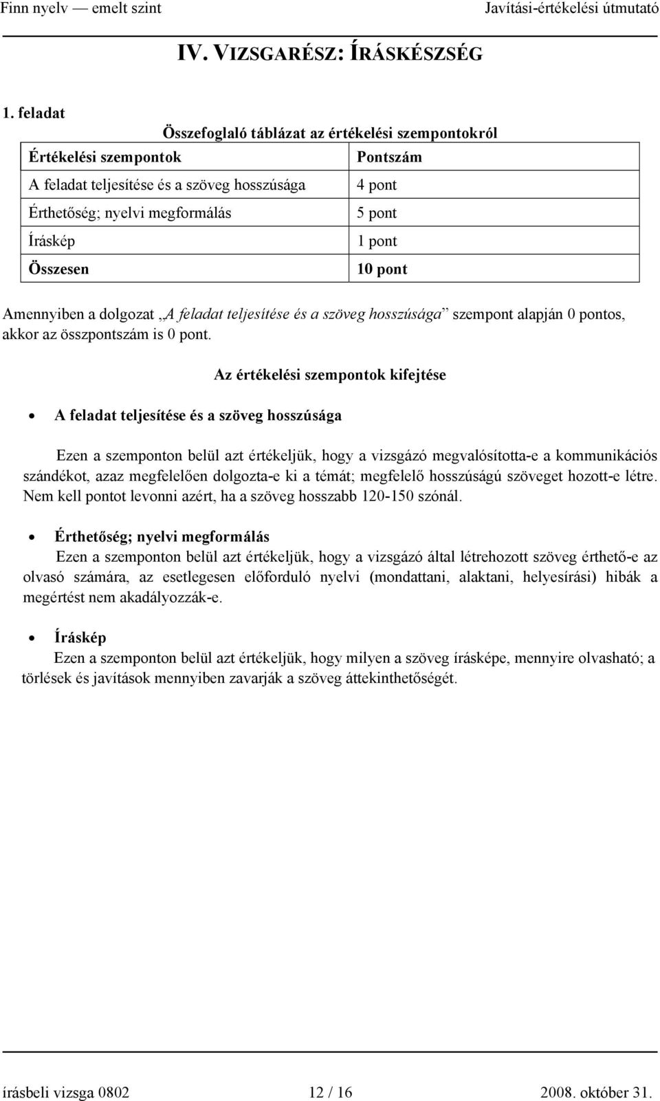 Összesen 10 pont Amennyiben a dolgozat A feladat teljesítése és a szöveg hosszúsága szempont alapján 0 pontos, akkor az összpontszám is 0 pont.