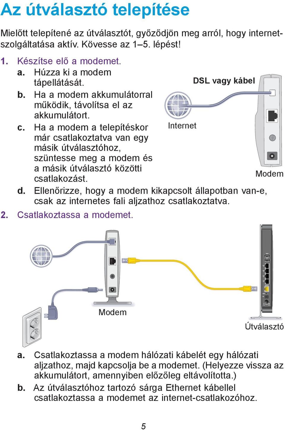 Ha a modem a telepítéskor Internet már csatlakoztatva van egy másik útválasztóhoz, szüntesse meg a modem és a másik útválasztó közötti Modem csatlakozást. d.