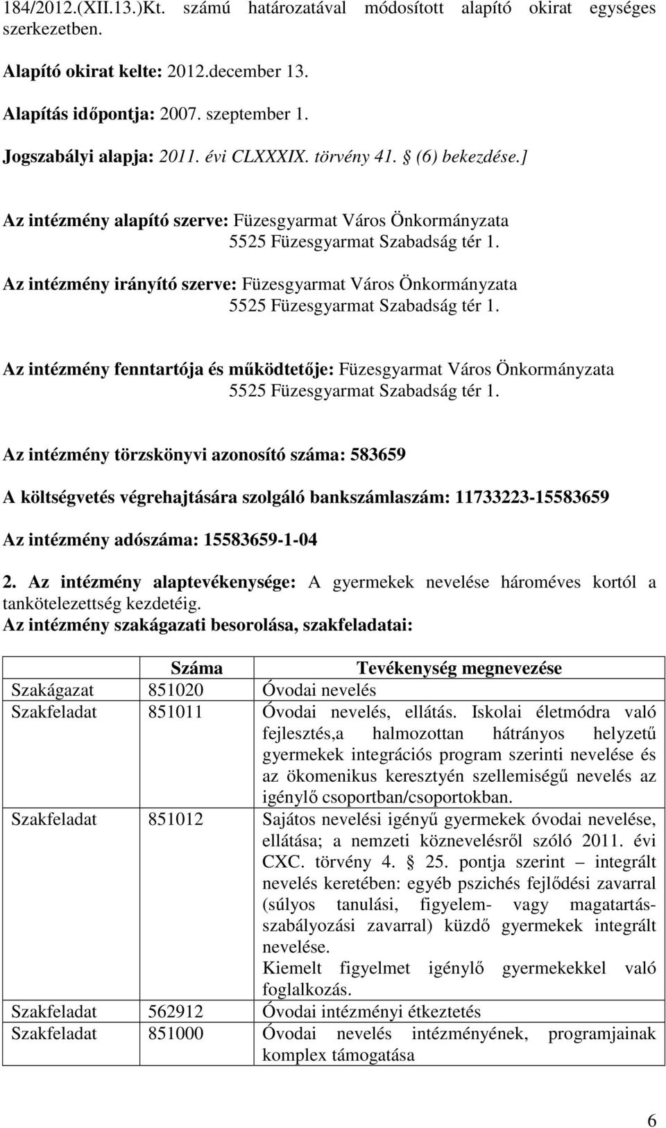 Az intézmény irányító szerve: Füzesgyarmat Város Önkormányzata 5525 Füzesgyarmat Szabadság tér 1.