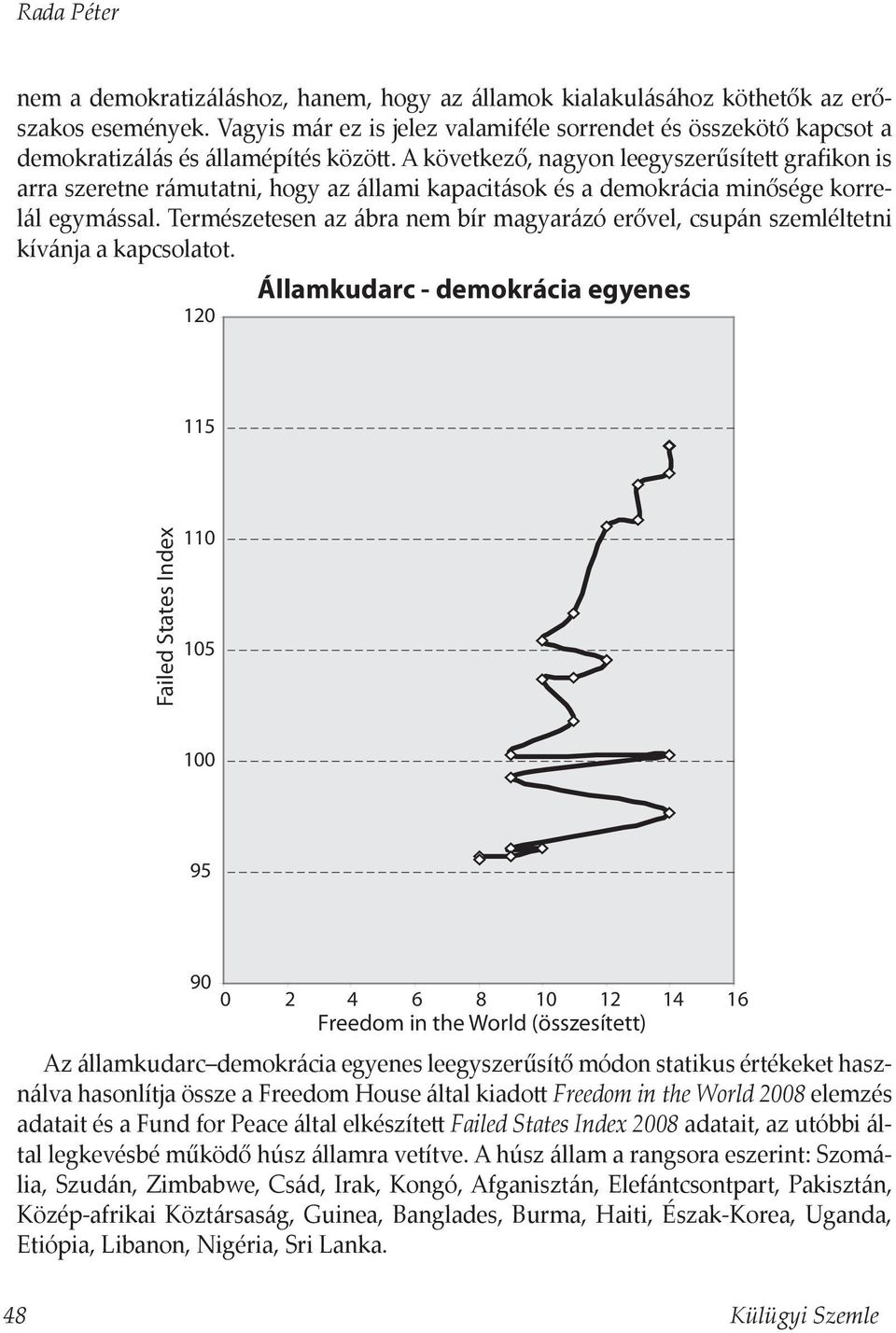 A következő, nagyon leegyszerűsített grafikon is arra szeretne rámutatni, hogy az állami kapacitások és a demokrácia minősége korrelál egymással.