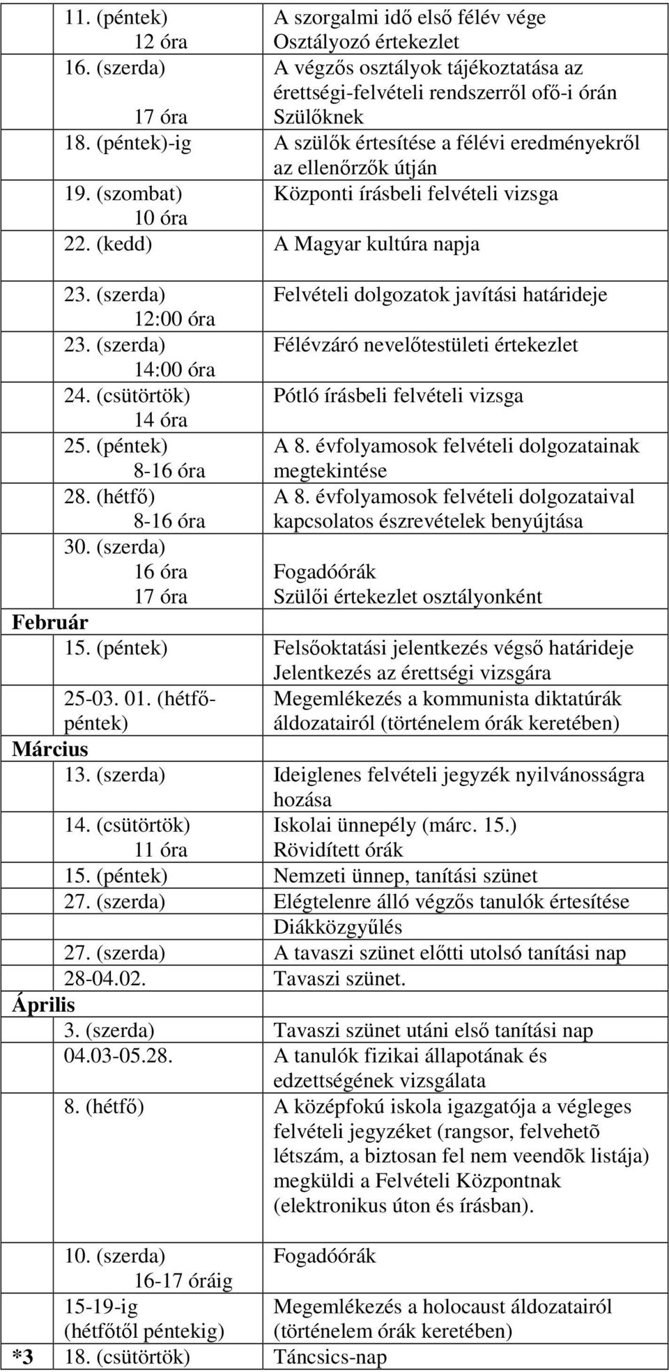 (szerda) Felvételi dolgozatok javítási határideje 12:00 óra 23. (szerda) Félévzáró nevelőtestületi értekezlet 14:00 óra 24. (csütörtök) Pótló írásbeli felvételi vizsga 14 óra 25. (péntek) A 8.