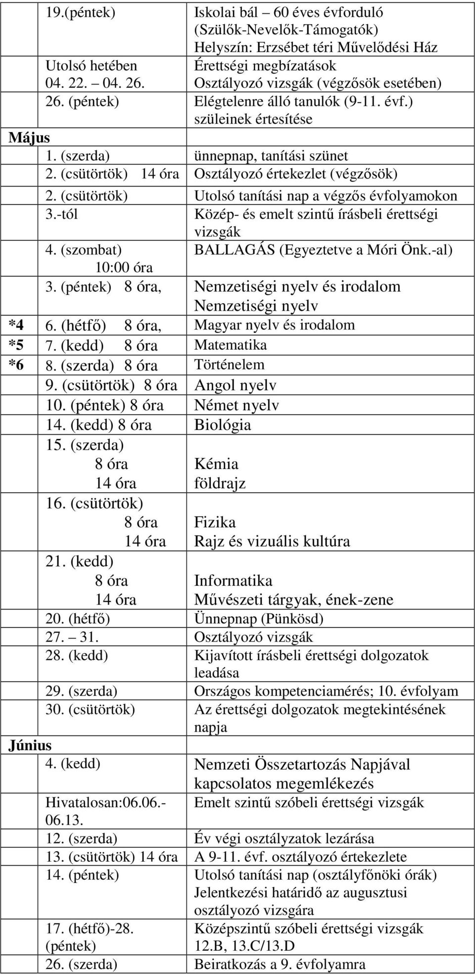 (csütörtök) Utolsó tanítási nap a végzős évfolyamokon 3.-tól Közép- és emelt szintű írásbeli érettségi vizsgák 4. (szombat) BALLAGÁS (Egyeztetve a Móri Önk.-al) 10:00 óra 3.