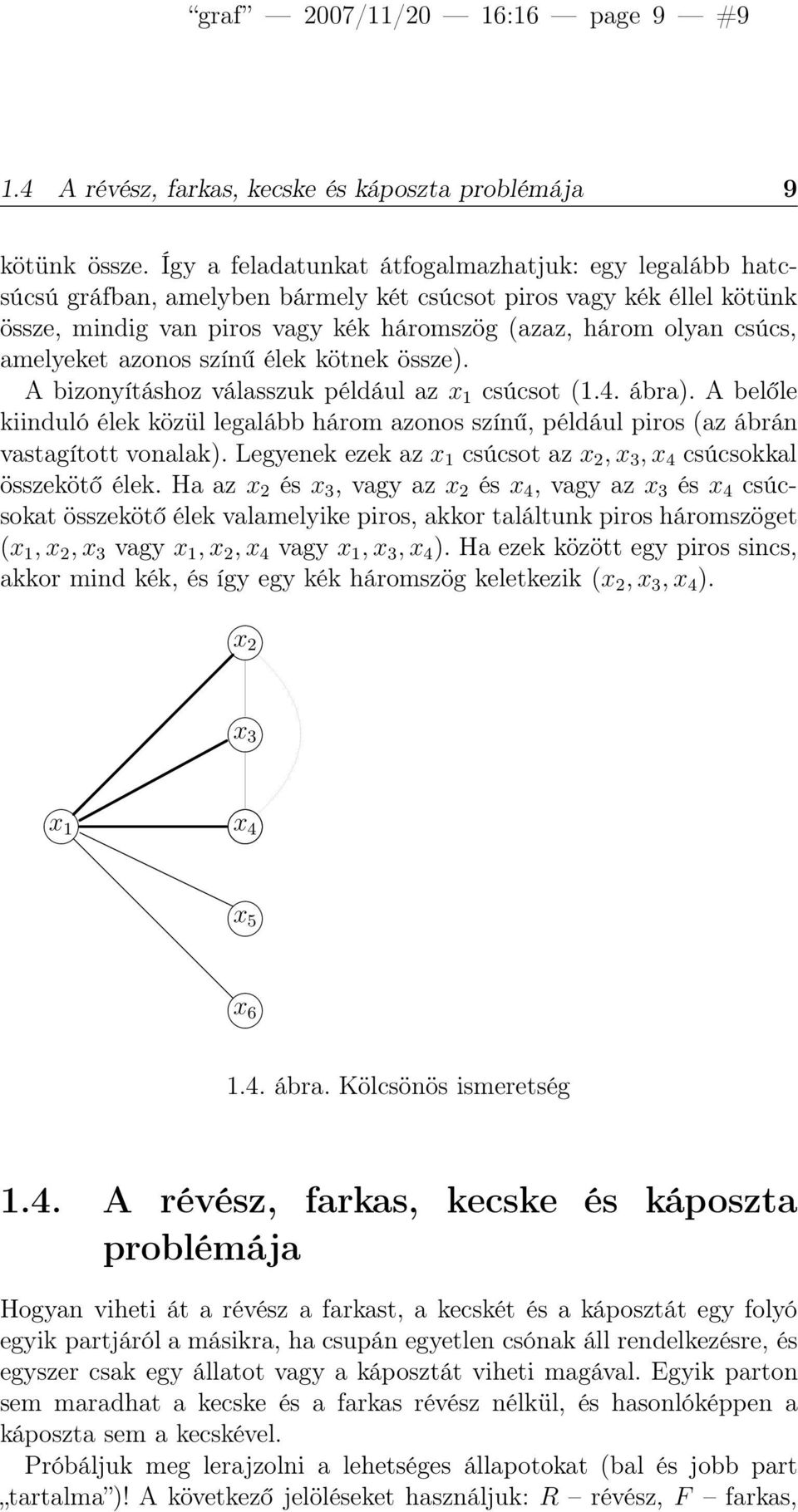 amelyeket azonos színű élek kötnek össze). A bizonyításhoz válasszuk például az x 1 csúcsot (1.. ábra).