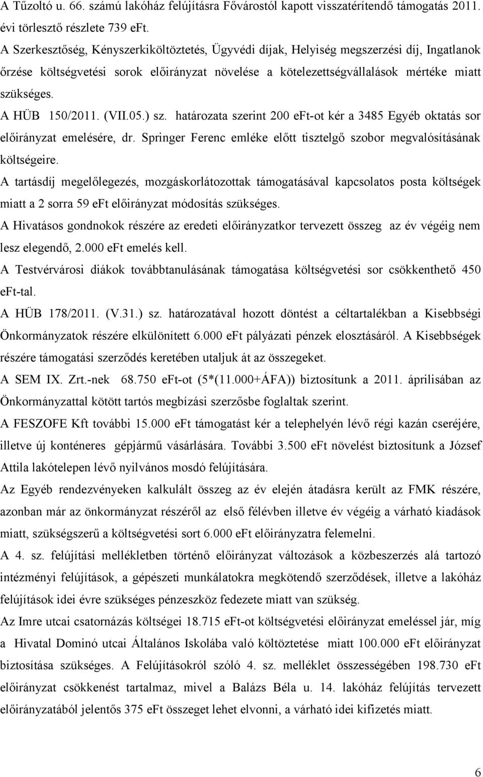 A HÜB 150/2011. (VII.05.) sz. határozata szerint 200 eft-ot kér a 3485 Egyéb oktatás sor előirányzat emelésére, dr. Springer Ferenc emléke előtt tisztelgő szobor megvalósításának költségeire.