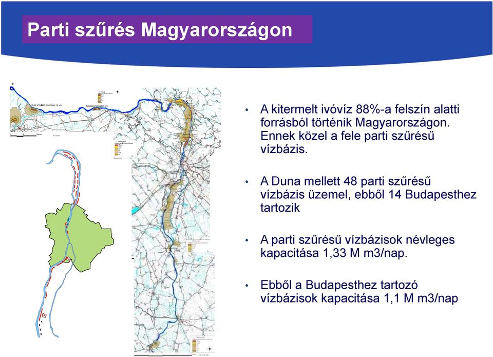 A Duna mellett 48 parti szűrésű vízbázis üzemel, ebből 14 Budapesthez tartozik A parti szűrésű vízbázisok