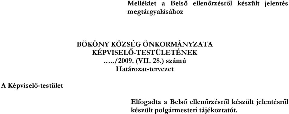 ) számú Határozat-tervezet A Képviselő-testület Elfogadta a Belső