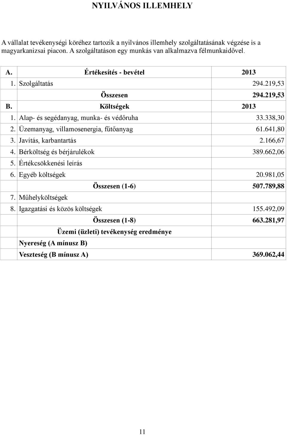 Üzemanyag, villamosenergia, fűtőanyag 61.641,80 3. Javítás, karbantartás 2.166,67 4. Bérköltség és bérjárulékok 389.662,06 5. Értékcsökkenési leírás 6.