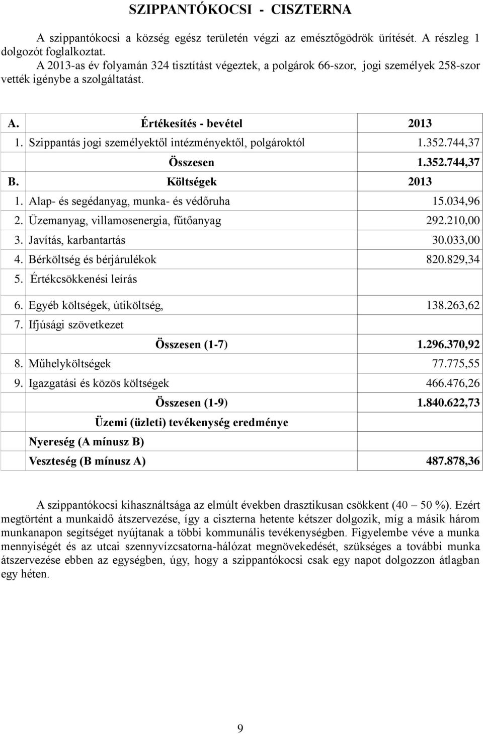 744,37 Összesen 1.352.744,37 1. Alap- és segédanyag, munka- és védőruha 15.034,96 2. Üzemanyag, villamosenergia, fűtőanyag 292.210,00 3. Javítás, karbantartás 30.033,00 4.