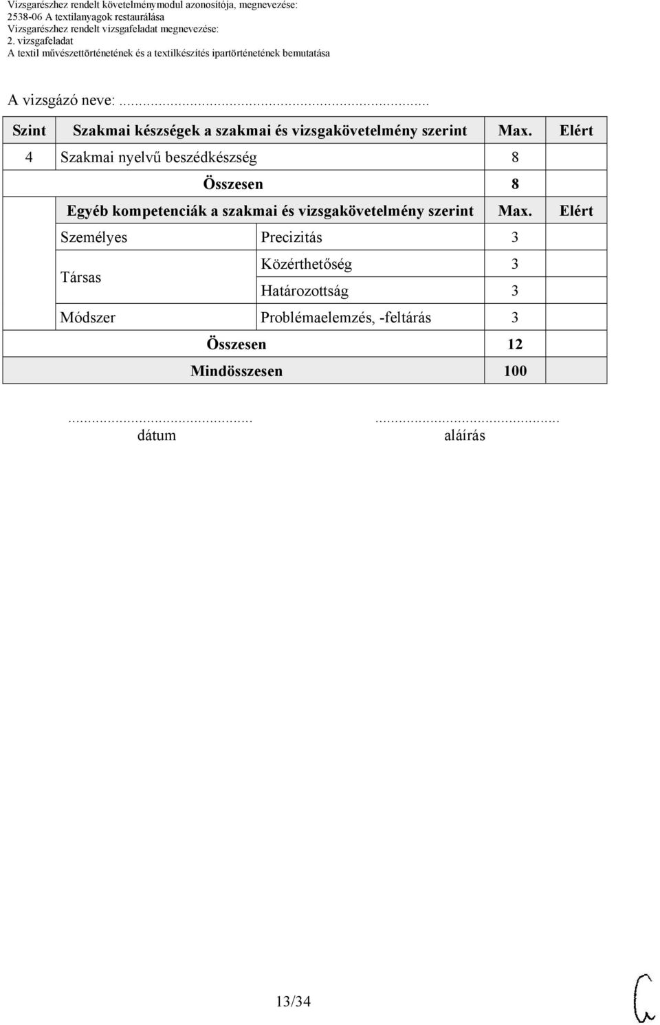 vizsgakövetelmény szerint Max.