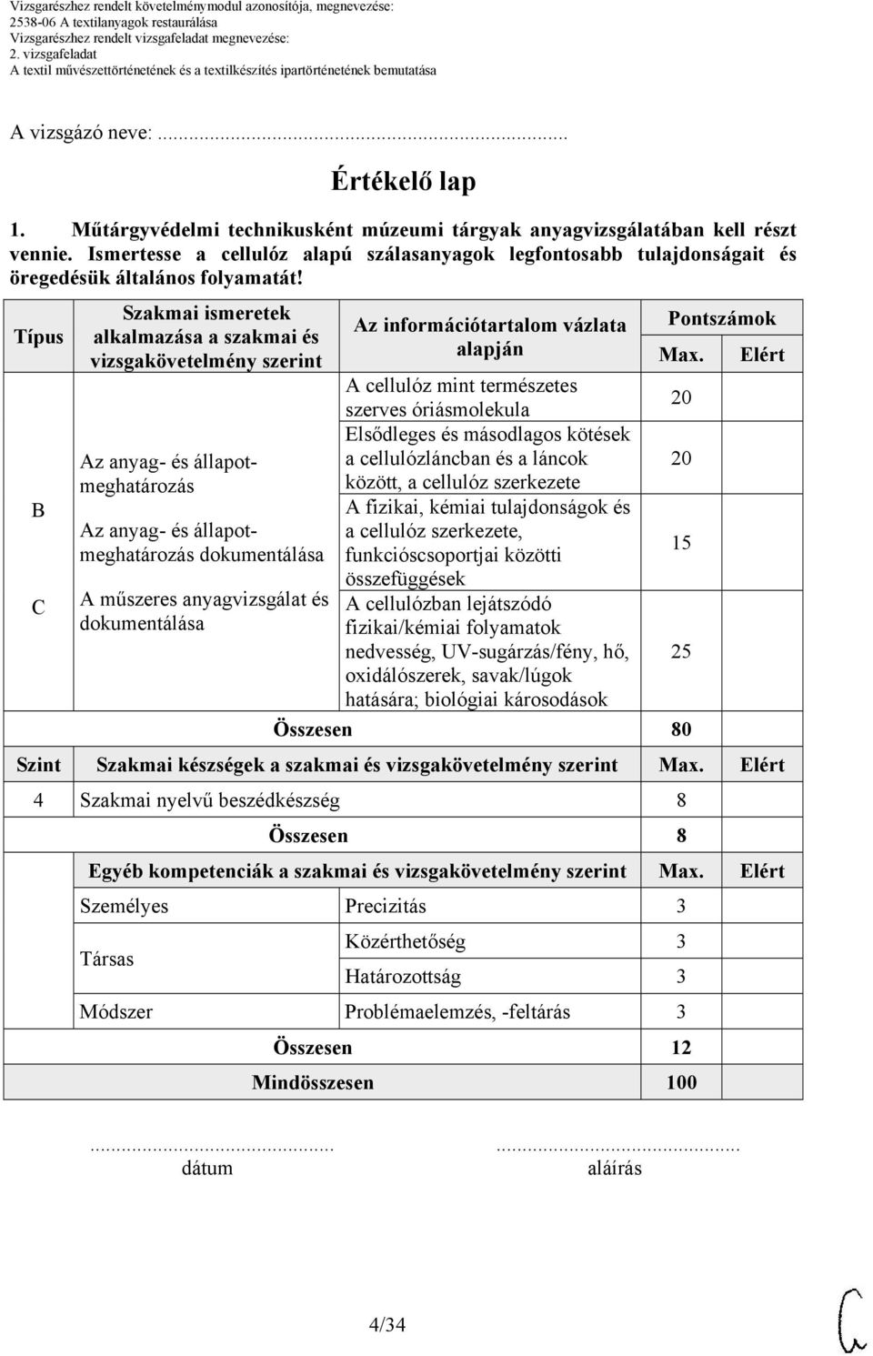 Típus B C Szakmai ismeretek alkalmazása a szakmai és vizsgakövetelmény szerint Az anyag- és állapotmeghatározás Az anyag- és állapotmeghatározás dokumentálása A műszeres anyagvizsgálat és