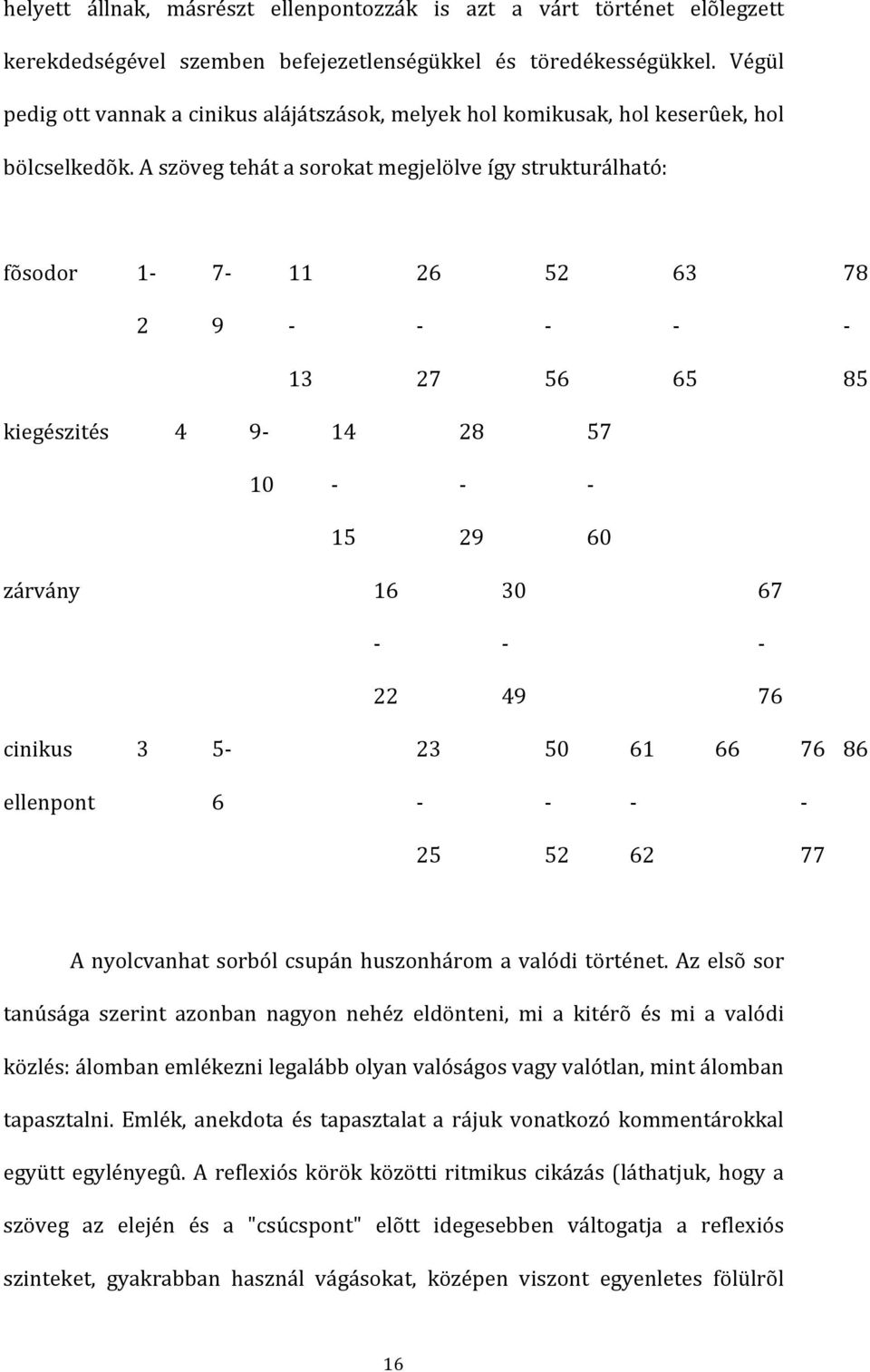 aszövegtehátasorokatmegjelölveígystrukturálható: fõsodor 1 7 11 26 52 63 78 2 9 13 27 56 65 85 kiegészités 4 9 14 28 57 10 15 29 60 zárvány 16 30 67 22 49 76 cinikus 3 5 23 50 61 66 76 86 ellenpont 6