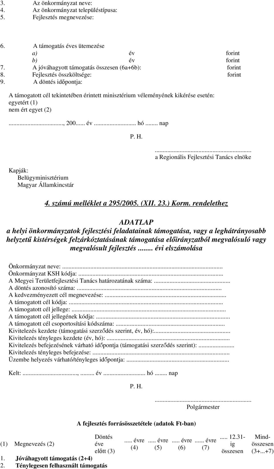 .. nap Kapják: Belügyminisztérium Magyar Államkincstár a Regionális Fejlesztési Tanács elnöke 4. számú melléklet a 295/2005. (XII. 23.) Korm.