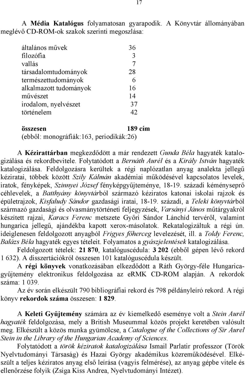 irodalom, nyelvészet 37 történelem 42 összesen 189 cím (ebből: monográfiák:163, periodikák:26) A Kézirattárban megkezdődött a már rendezett Gunda Béla hagyaték katalogizálása és rekordbevitele.