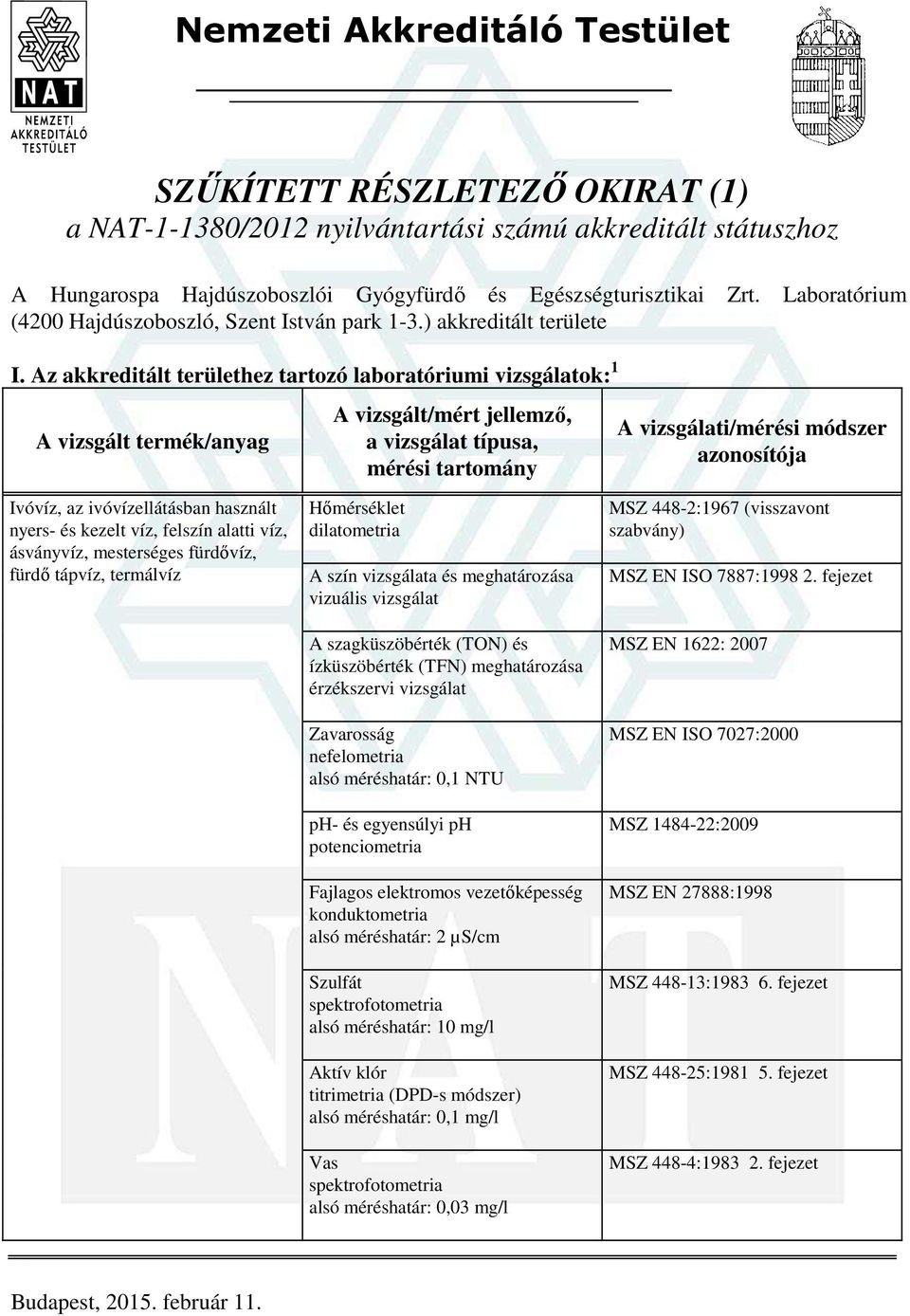 Az akkreditált területhez tartozó laboratóriumi vizsgálatok: 1 Hőmérséklet dilatometria A szín vizsgálata és meghatározása vizuális vizsgálat A szagküszöbérték (TON) és ízküszöbérték (TFN)