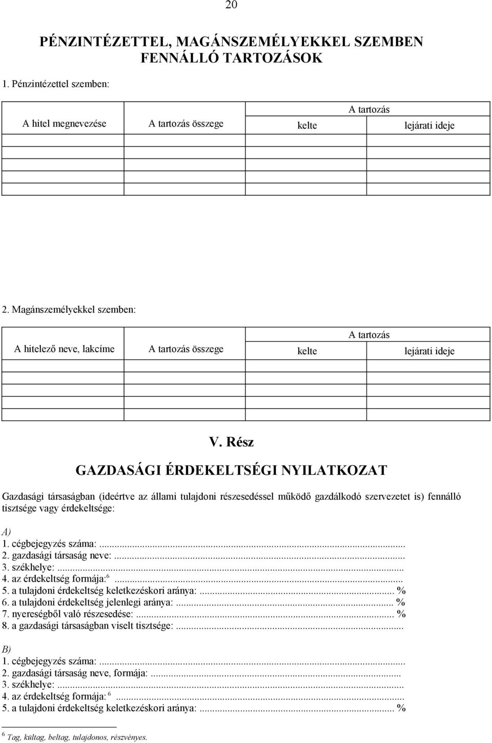 Rész GAZDASÁGI ÉRDEKELTSÉGI NYILATKOZAT Gazdasági társaságban (ideértve az állami tulajdoni részesedéssel működő gazdálkodó szervezetet is) fennálló tisztsége vagy érdekeltsége: A) 1.